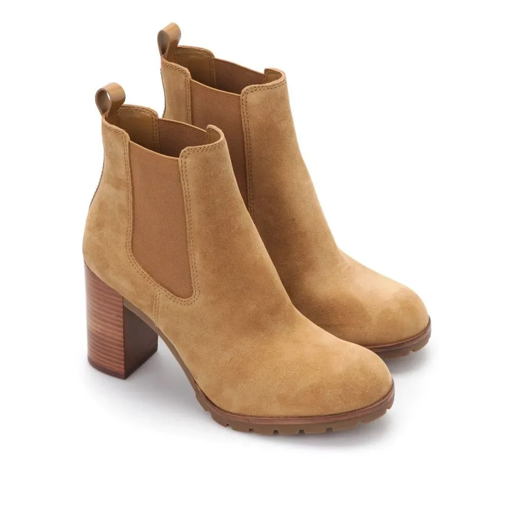 Tory Burch Stafford Suede Ankle Boots Size 8 Tan Beige Pull On Wood Block Heel